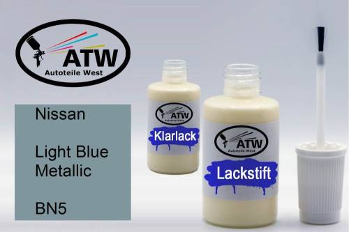 Nissan, Light Blue Metallic, BN5: 20ml Lackstift + 20ml Klarlack - Set, von ATW Autoteile West.